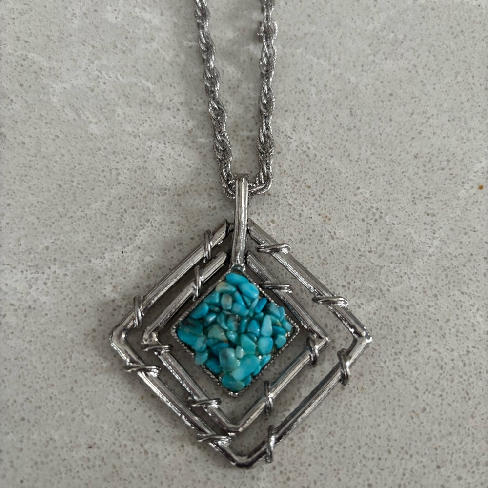 Vintage Blue Turquoise Chips Silver Pendant Necklace Gift Boho Bohemian Artisan